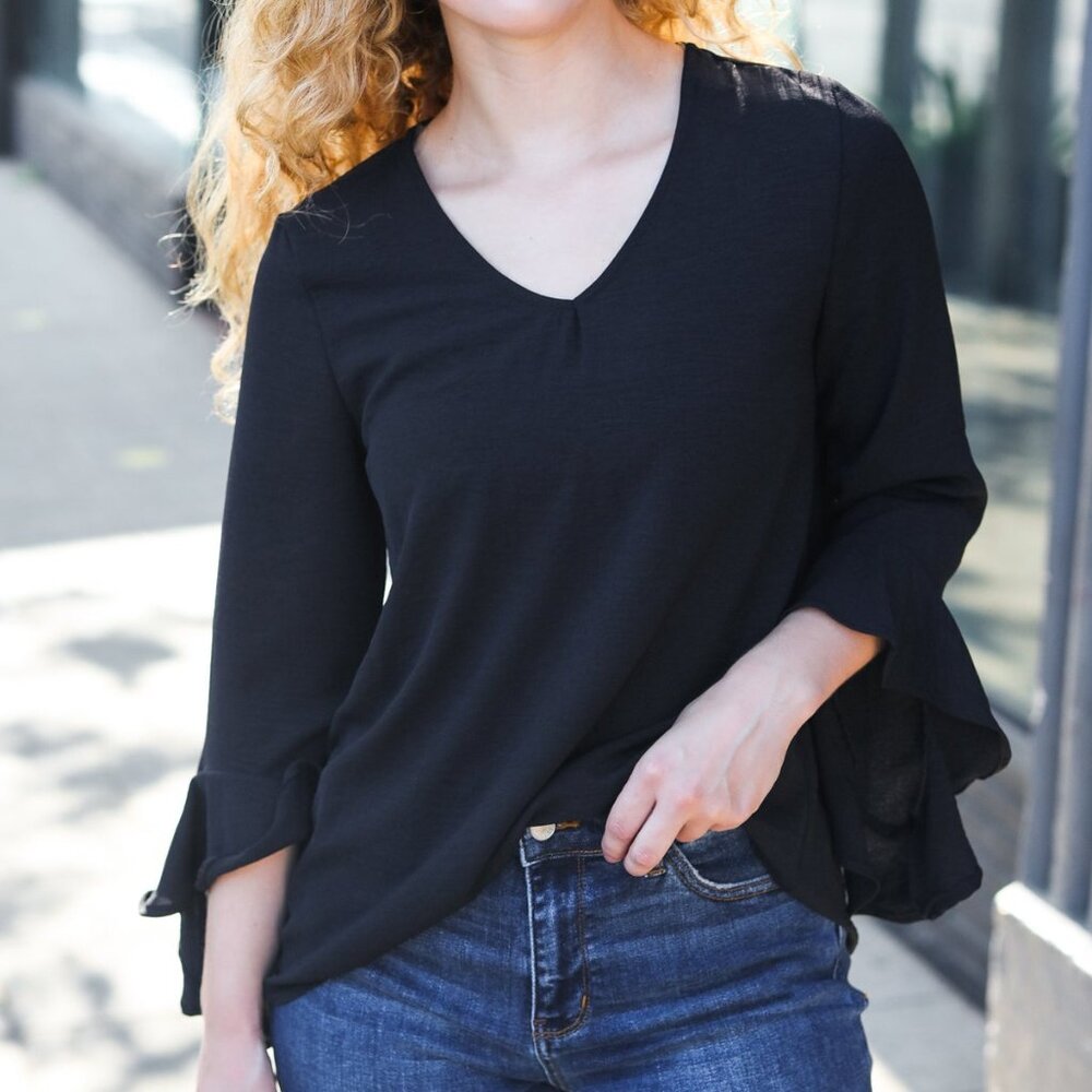 Black Hi-Lo Ruffle Sleeve Woven Top
